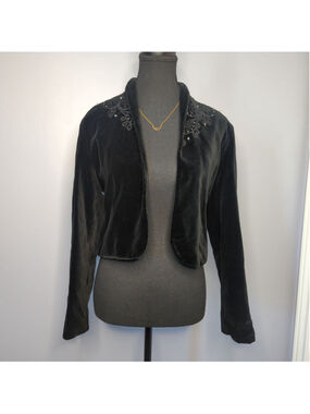 Vintage 80s Vera Mont black Velvet Bolero Jacket Sz S/M Embroidered Beaded Goth